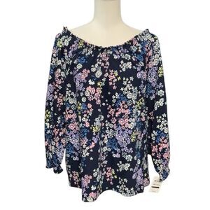 Style & Co Navy Blue Floral Off the Shoulder Long Sleeve Ribbed Cotton Top Sz M